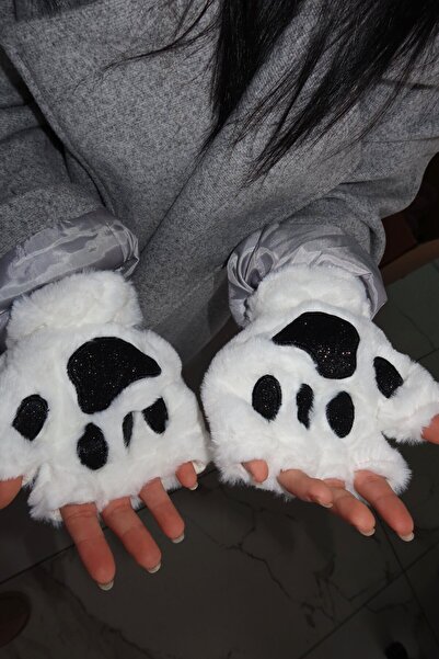 TAKIŞTIR White Plush Gloves with Paw Figure