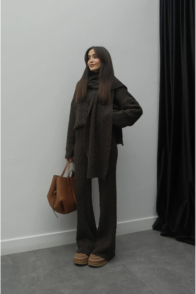 My Blog Barna Weft Hair Kötött nadrág pulóver szett