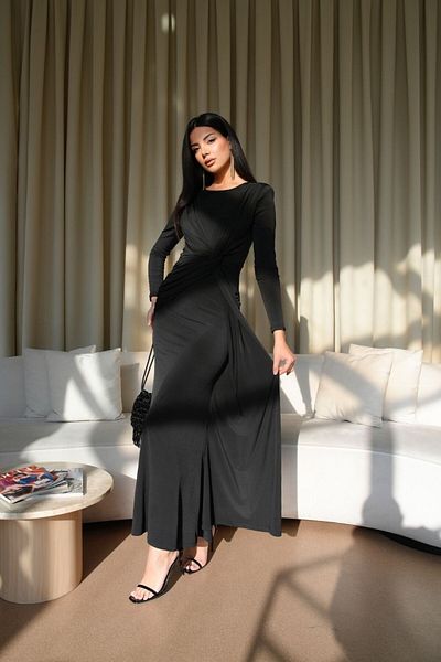 Tuba Butik Long Dress with Padded Drape Detail