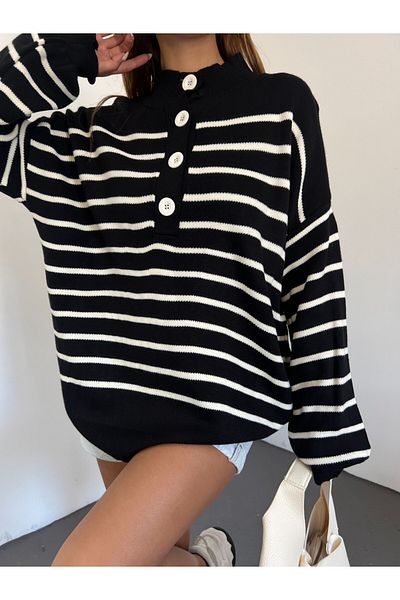 Modamorfo Buttoned Half-Necked Knitwear Sweater - Black