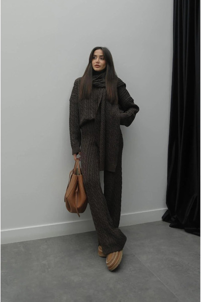 My Blog Barna Weft Hair Kötött nadrág pulóver szett