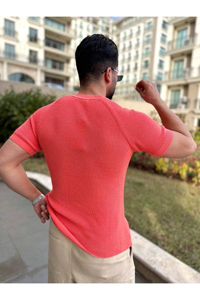elkumoda Πλεκτό Τρυγκό Μπλουζάκι Κοντό Μανίκι Βαμβακερό Πλεκτό Slim Fit Στενή Γραμμή Μπλουζάκι