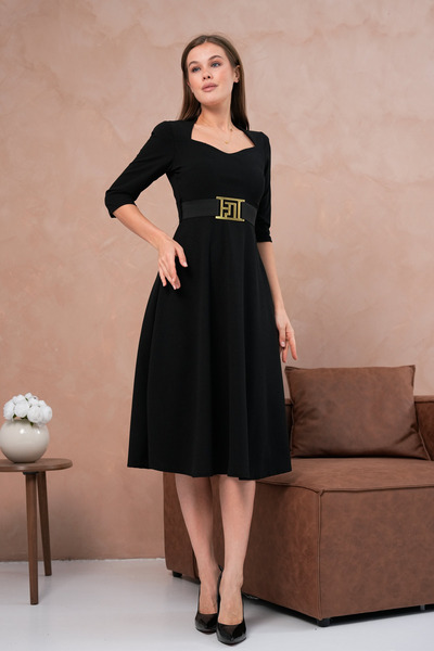 vuvutasarım Flexibilní potápěčský krepový látkový pásek s krátkým rukávem okýnkový límec Midi délka černé večerní šaty 075