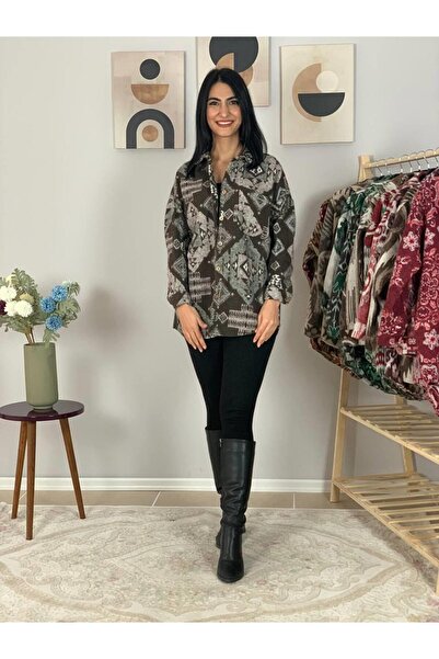 YusGos Women's Single Pocket Print Thick Lumberjack Jacket Shirt (Coffee)