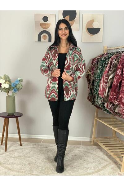 YusGos Women's Single Pocket Print Thick Lumberjack Jacket Shirt (Green-Burgundy)