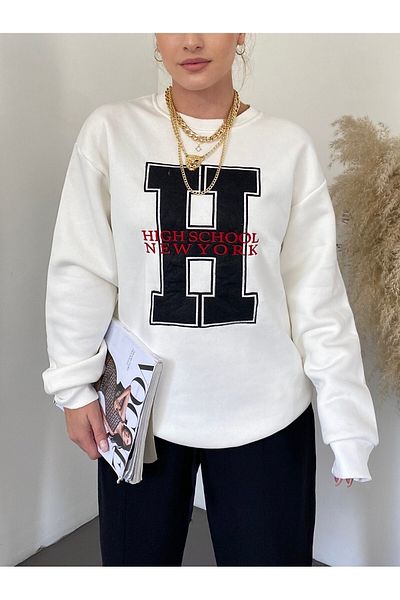 Modamorfo Sweatshirt-Tunika mit Rundhalsausschnitt und Stickerei vorne – weiß