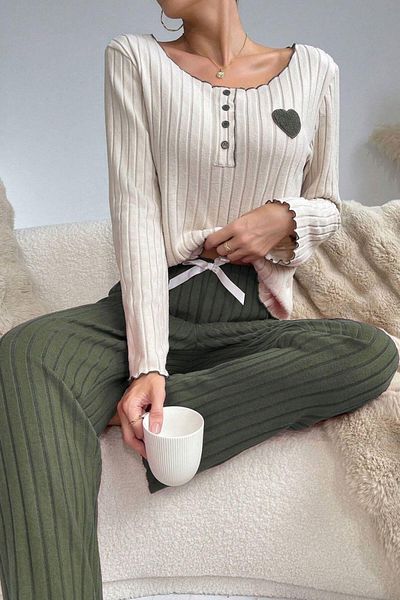 BELLA NOTTE Embroidered Green Cotton Heart Detailed Pajamas Set