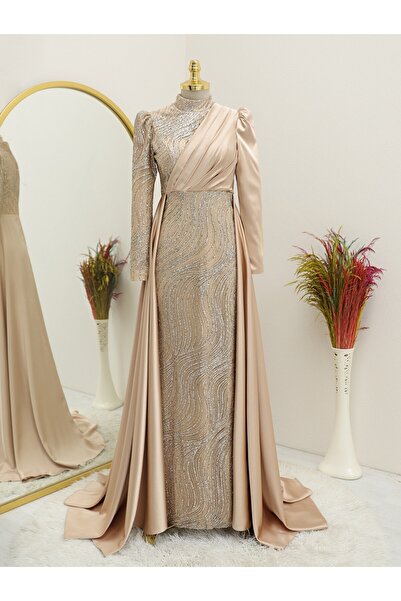 Modamorfo Glittery Draped Evening Dress - Light Mink