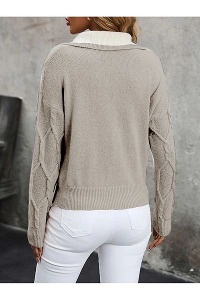 AQE FASHION Polo Neck Knitted Patterned Women's Stone Knitwear Sweater