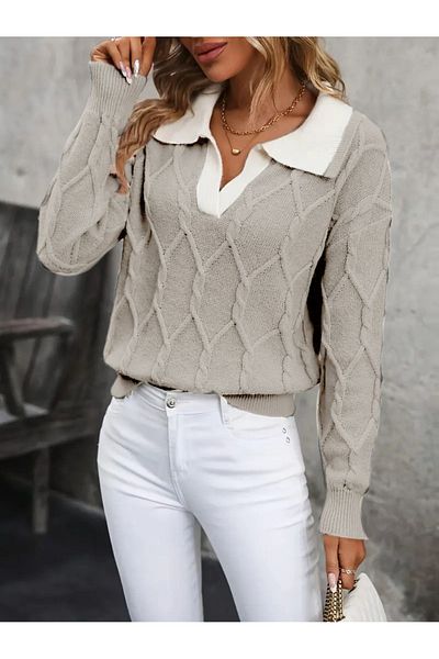 AQE FASHION Polo Neck Knitted Patterned Women's Stone Knitwear Sweater
