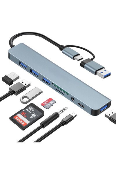 UmoTech Usb Çoklayıcı 8 İn 1 Usb Type-c Hub Adaptör 4 Usb Port Sd/tf Kart Oku...