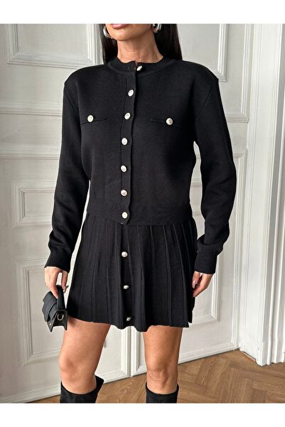 Gallogi Set tricot cardigan și fustă plisată - nasturi aurii