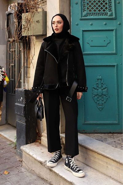 ALNİSS COLLECTİON Μπουφάν Biker με γούνα εσωτερικά και λεπτομέρεια ζώνης