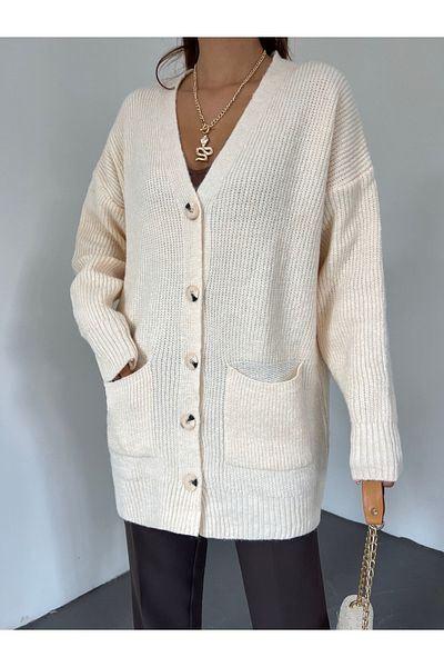 Modamorfo Knitwear Cardigan with Double Pockets and Buttons - Cream