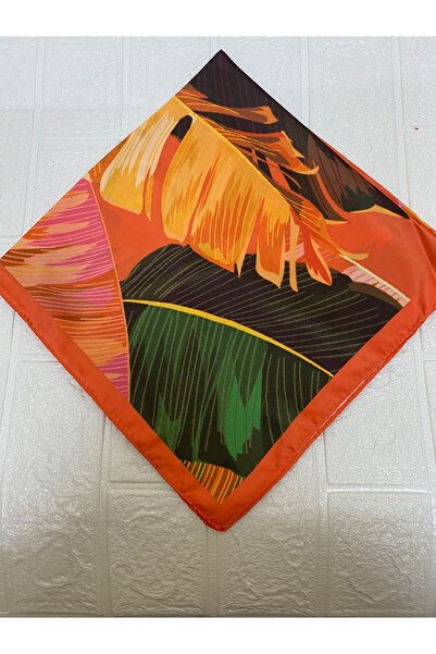 sema aksesuar Turuncu Yaprak Desenli Rayon Saten Fular 50*50 Cm