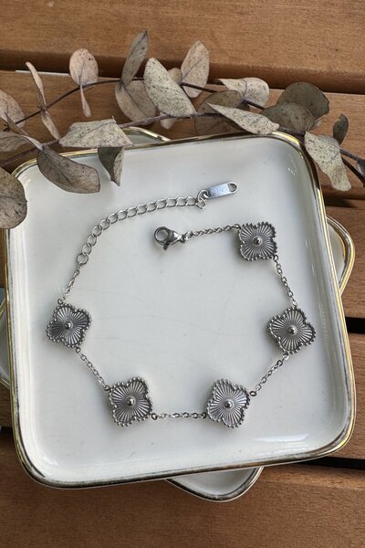 My Joyas Design Steel Textured Clover Bracelet Silver 17+5cm