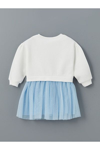 LC Waikiki LCW Kids Ecru Crew Neck Elsa εμπριμέ φόρεμα για κορίτσια