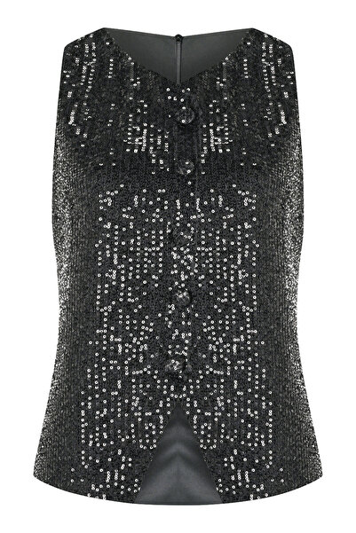 Whenever Company Siyah Payet Fit Önden Düğmeli Yelek