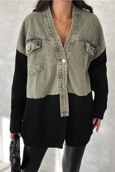 FEMELLE Tricotaj de damă, verde deschis, mărime standard, design detaliat, jachetă de blugi oversize