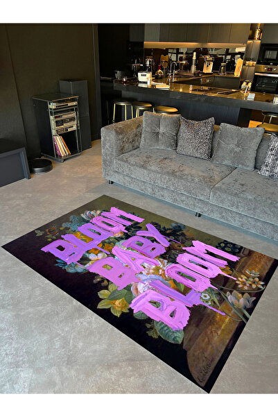Rugs Modern Halı Ebru Koleksiyonu Çiçek Desenli Mor Yazı Detaylı Dokuma Taban...