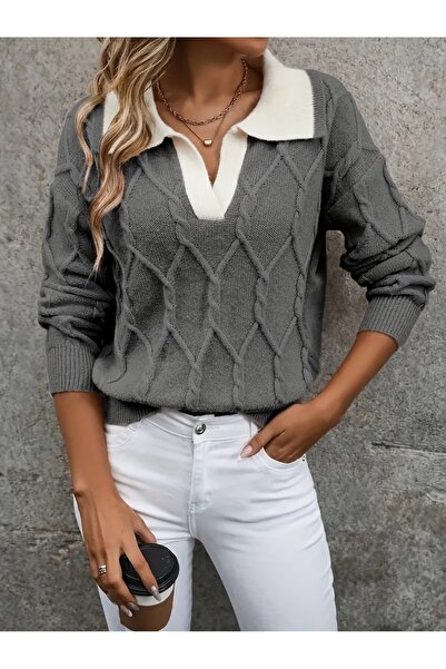 AQE FASHION Polo Yaka Örgü Desenli Antrasit Kadın Triko Kazak