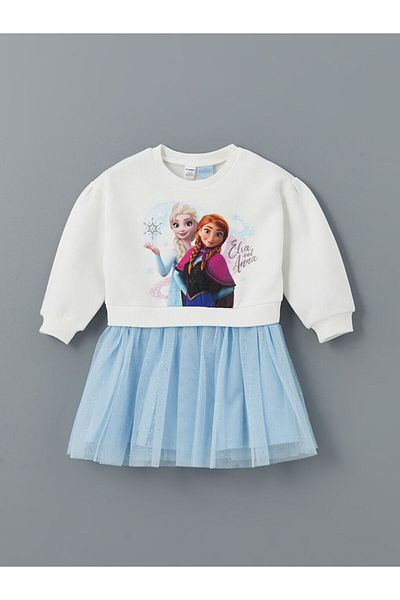 LC Waikiki LCW Kids Ecru Crew Neck Elsa εμπριμέ φόρεμα για κορίτσια