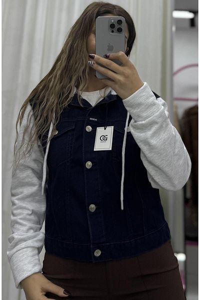 Daves Dark Blue Denim Jeans Jacket with Light Gray Sleeves