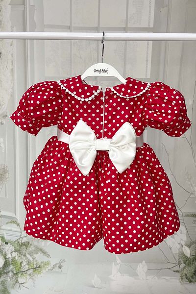 Bertuğ Bebek Rochie Minnie roșie din bumbac cu buline pentru fetiță cu guler pentru păpuși