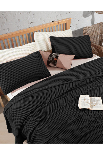destinyhometex Siyah %100 Pamuk Waffle Tek Kişilik Saçaksız Yatak Örtüsü 160x240 Cm
