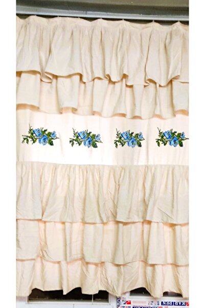 TUNCAY TEKSTİL FIRFIRLI NATUREL ÜSTÜ  MAVİ  KANAVİÇE DİKMELİ KETEN PAMUKLU PERDE EN X BOY ŞEKLİNDEDİR