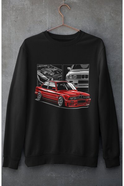 Fuddy Moda Црвено-црна дуксерица без капуљаче са штампом BMW E30, унисекс дук...