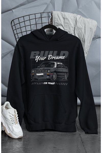 Fuddy Moda Hanorac cu glugă supradimensionat unisex cu imprimeu E30 Power - Hanorac cu tematică pentru mașini