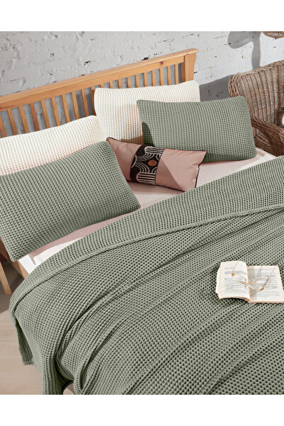destinyhometex Adaçayı Yeşil %100 Pamuk Waffle Tek Kişilik Saçaksız Yatak Örtüsü 160x240 Cm
