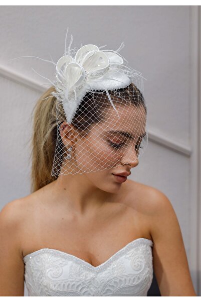 Turkuaz Gelin Kep / Gelin Vualet / Düğün Nikah Taş Otriş Beyaz Şapka