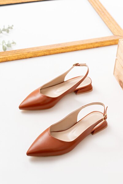 DURUNUN BUTİĞİ Dion Tan (3 cm Heeled) Pointed Toe Heeled Ballerinas