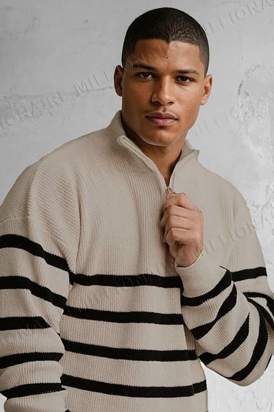 Millionaire Men's Stone Color Striped Zippered Turtleneck Knitwear Sweater
