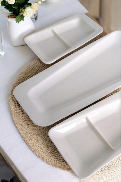 Digithome Istanbul Porcelain 3-Piece Divided Boat Serving Plate Set Cream C-320.035