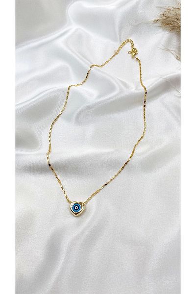 Eylülün Takısı Women's Gold Color Heart Evil Eye Bead Necklace
