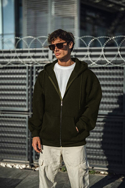 CMZ COLLECTİON Ανδρική ζακέτα χακί χωρίς στάμπα Basic Oversize