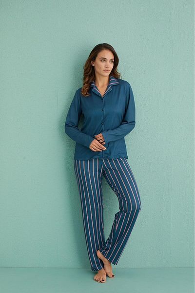 MEBA Women &Apos; S Thermal Pajamas Set with Dark Blue Stripes - Front Button, New Year Gift