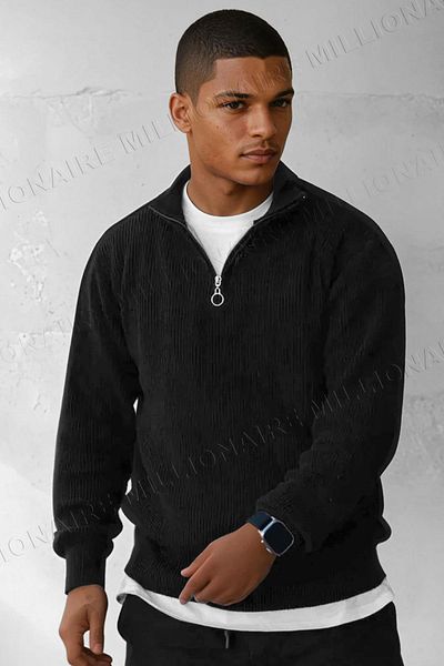 Millionaire Men's Black Zippered Turtleneck Winter Knitwear Sweater