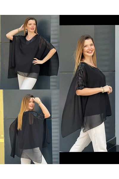 MODA Shoulder Sequined Chiffon 2Pcs Blouse