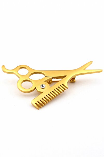 Solfera Makas Tarak Kuaför Berber Fön Paslanmaz Sarı Çelik Broş Rozet RZ287