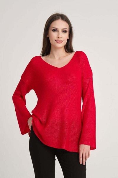 Kokoşum Butik 3387 Pulover roșu cu decolteu în V placat cu folie