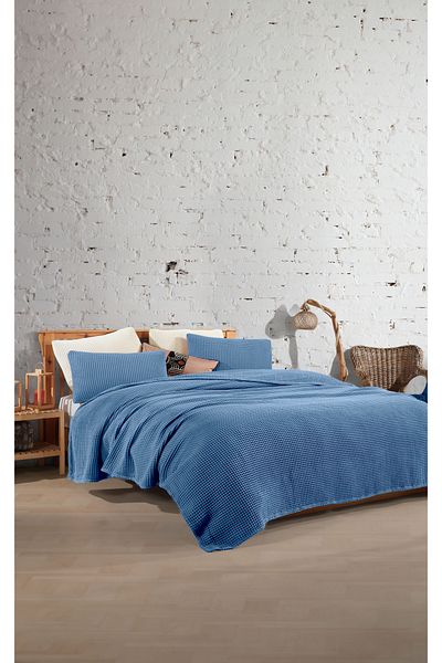destinyhometex Albastru închis 100% bumbac Single 160x240cm Waffle Față de pat fără franjuri/1 bucată 50x70cm Pernă