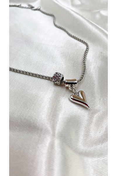 Eylülün Takısı Zircon Stone Silver Heart Model Women's Necklace