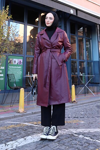 ALNİSS COLLECTİON Astarlı Kuşaklı Uzun  Deri Trençkot