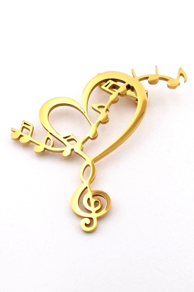 Solfera Sol Anahtarı Kalp Nota Müzik Melodi Paslanmaz Sarı Çelik Broş Rozet R...