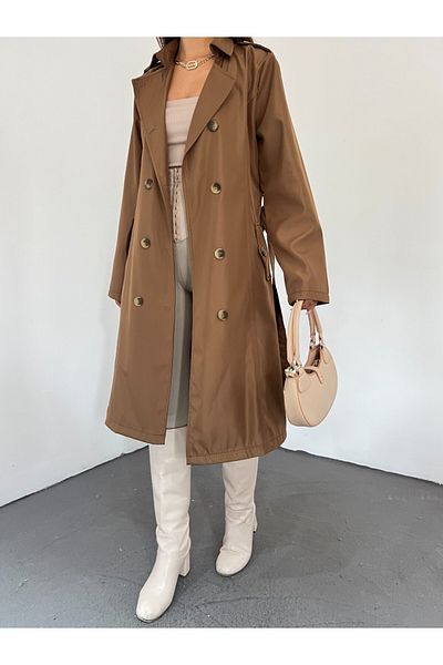 Modamorfo Trenchcoat mit Knopfverschluss vorne und Gürtel – Hellbraun