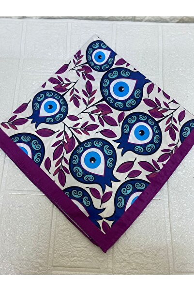 sema aksesuar Mor Mavi Nazar Boncuklu Lale Yaprak Desenli Rayon Saten Fular - Yeni Yıl Hediyesi Yılbaşı